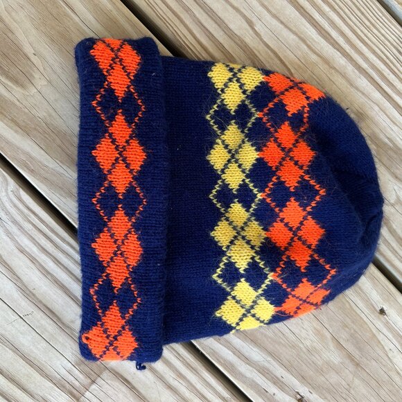 vintage beanie argyle acrylic blue orange yellow 70s winter hat knit - Picture 1 of 4
